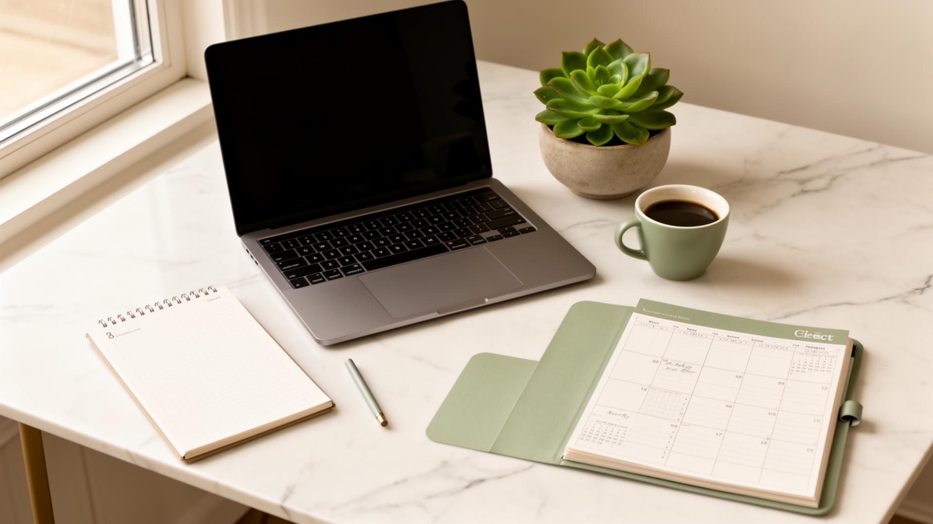 Mesa de trabalho com planejamento administrativo e documentos organizados